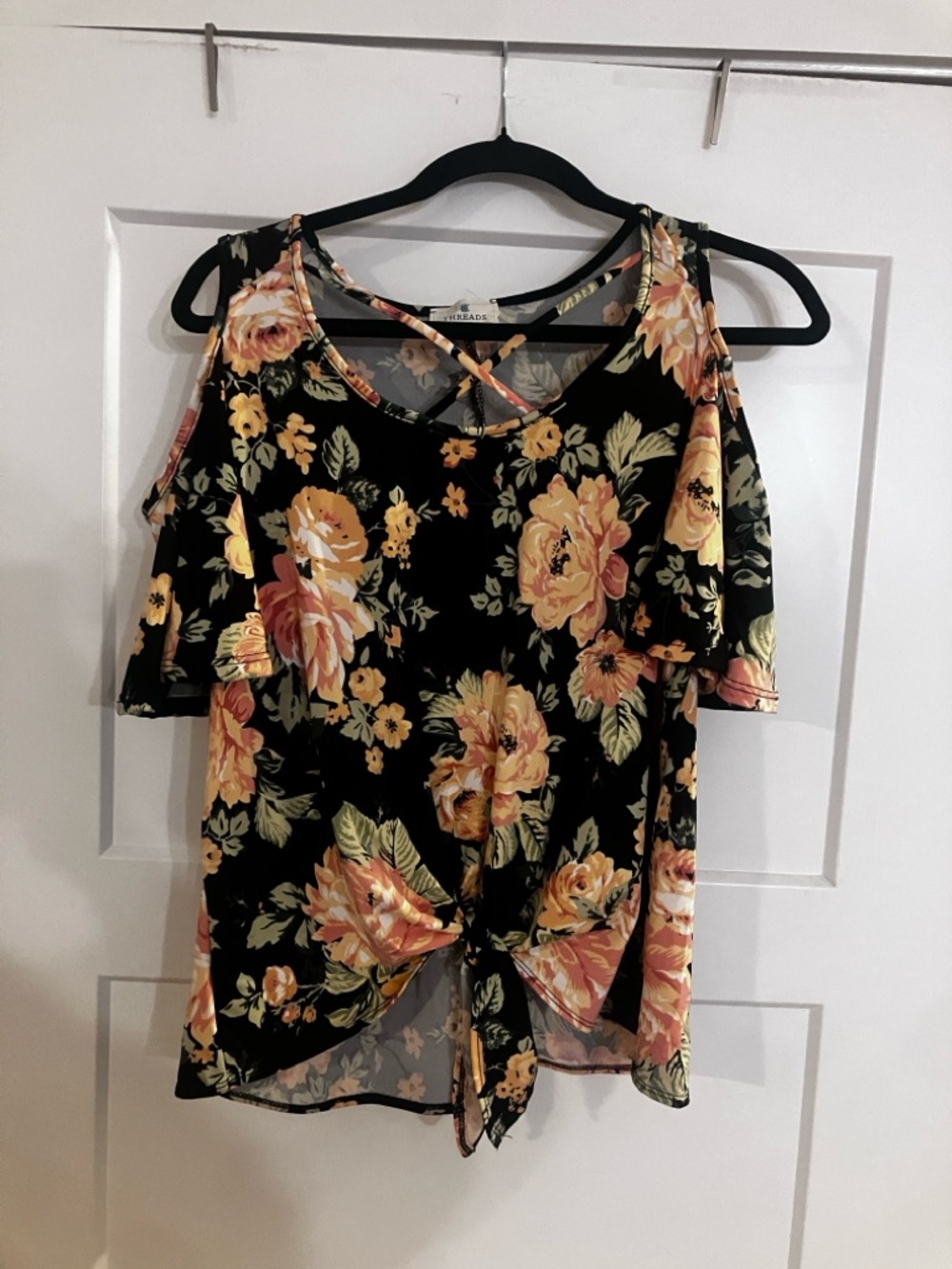 Cold-Shoulder Tie-Front Floral Blouse - Black/Yellow Floral